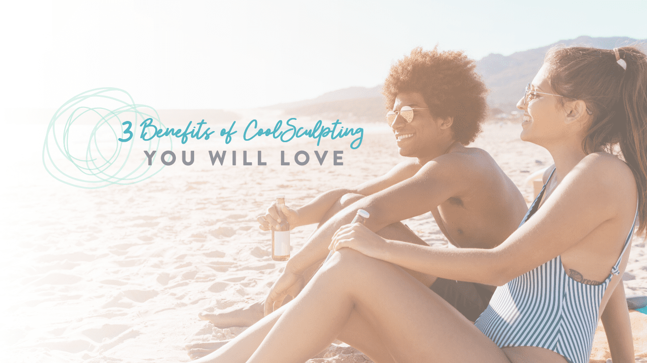 A smiling man and woman sit on a sunny beach enjoying chilled beverages. The woman wears sunglasses and a striped swimsuit, while the man is shirtless with an afro hairstyle. Text on image reads: "3 Benefits of CoolSculpting You Will Love - Available at Our Madison WI MedSpa.