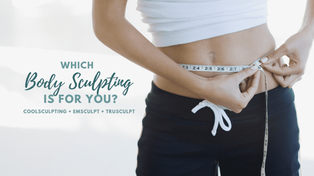 A person wearing a white top and dark pants measures their waist with a tape measure. Text on the left side of the image reads: "Which Body Sculpting is for You? CoolSculpting + Emsculpt + Trusculpt." Discover these cutting-edge treatments at our beauty spa in Madison, WI.
