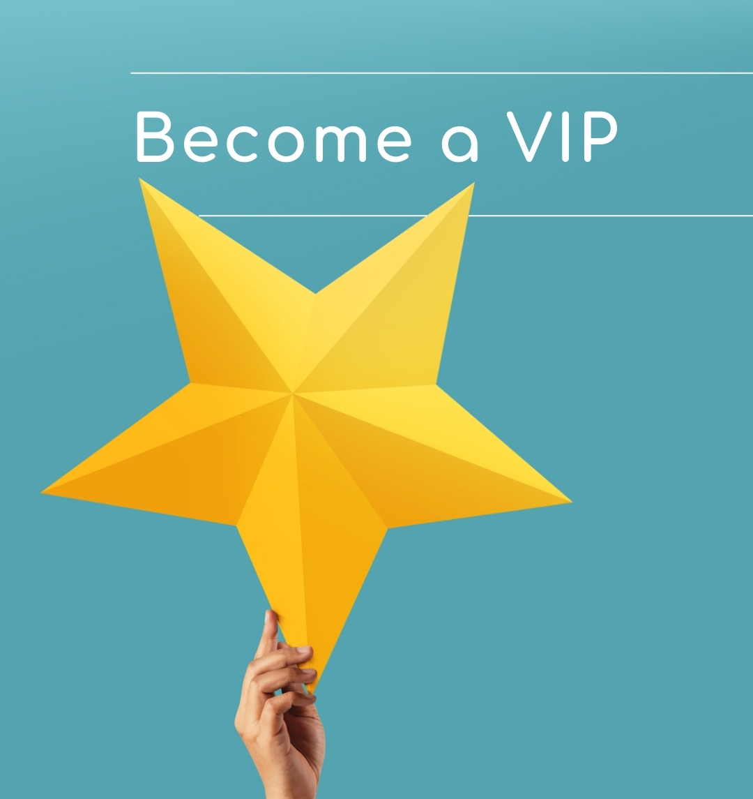 A hand is holding up a large, stylized golden star against a teal background. White text above the star reads "Become a VIP." The design, reminiscent of a luxurious spa in Madison WI, has a clean and minimalistic appearance that exudes beauty and elegance.