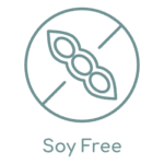 A circular icon with an illustration of a soybean pod inside. The pod is crossed out by a diagonal line. Below the icon, the text reads "Soy Free," indicating that the product, offered at our Madison WI medspa, does not contain soy and supports your beauty regimen.