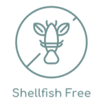 A simple line drawing of a crossed-out shellfish inside a circle, indicating a shellfish-free symbol, with the text "Shellfish Free" below it. Perfect for ensuring your beauty spa in Madison WI is safe for all guests.