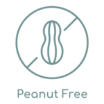 A simple, teal-colored line drawing of a peanut inside a circle with a diagonal line through it, indicating "no peanuts." Below the circle, the words "Peanut Free" are written in teal. This symbol is often seen in medspas and beauty centers across Madison, WI.