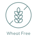 A circular icon with an outlined wheat symbol crossed out by a diagonal line. Below the icon, the text reads "Wheat Free" in a simple, sans-serif font. The design, reminiscent of signage you'd find in an upscale medspa in Madison, WI, is rendered in a single color.