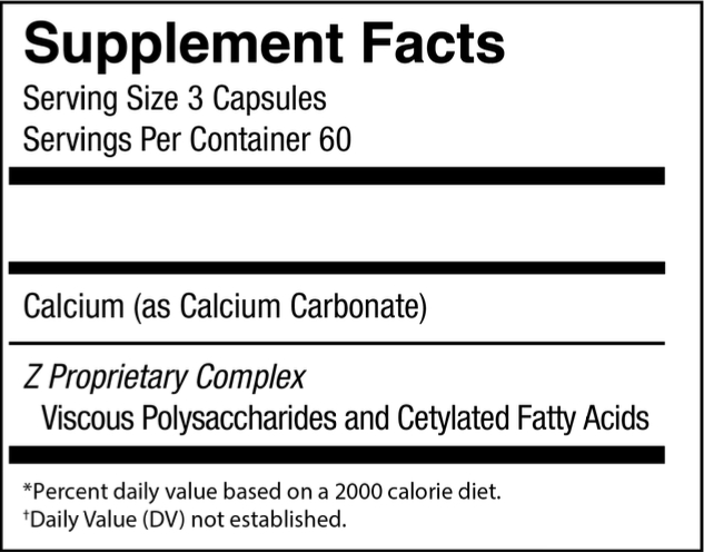 A supplement facts label for a product with a serving size of 3 capsules and 60 servings per container. Ingredients listed are Calcium (as Calcium Carbonate) and a proprietary complex containing Viscous Polysaccharides and Cetylated Fatty Acids, ideal for those seeking wellness akin to a Madison, WI spa experience.