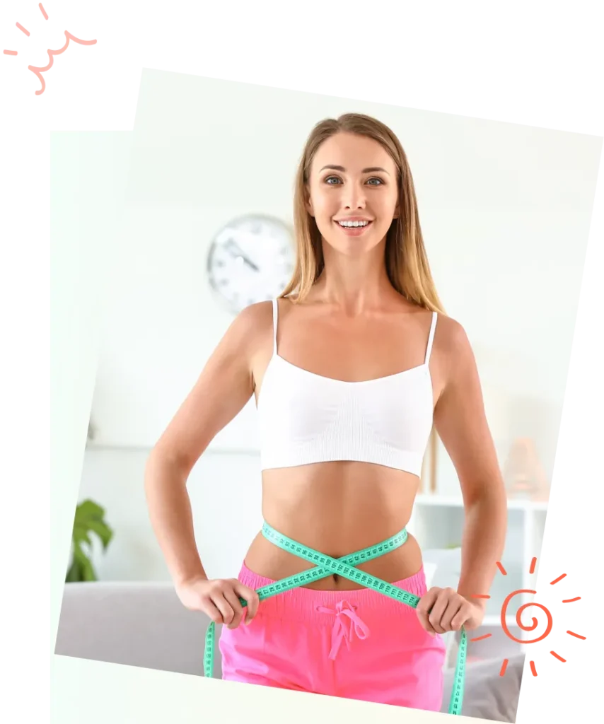 Woman in pink gym shorts and a white sports tank top with a measuring tape wrapped around her thin waist